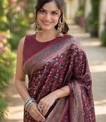Maroon silk blend banarasi saree with unstitched blouse piece