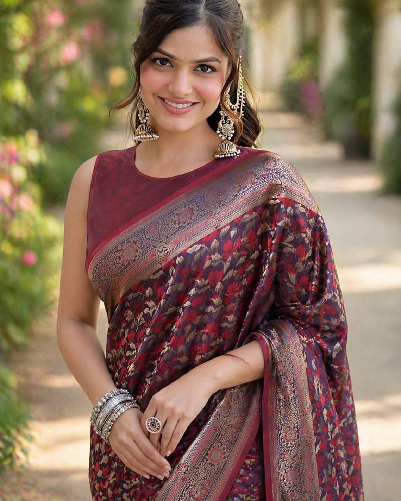 Maroon soft silk banarasi jacuard work designer party wear saree with unstitched blouse piece