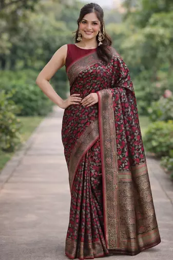 Maroon silk blend banarasi saree with unstitched blouse piece