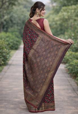 Maroon silk blend banarasi saree with unstitched blouse piece 4