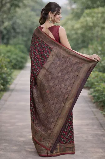 Maroon silk blend banarasi saree with unstitched blouse piece