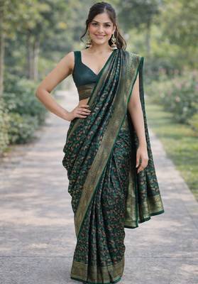 Green silk blend banarasi saree with unstitched blouse piece 3