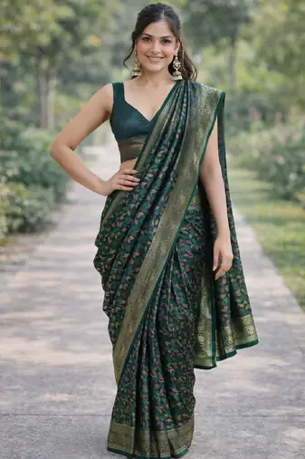 Green silk blend banarasi saree with unstitched blouse piece
