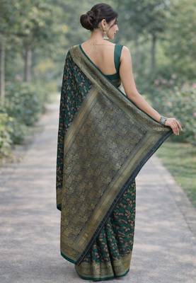 Green silk blend banarasi saree with unstitched blouse piece 4