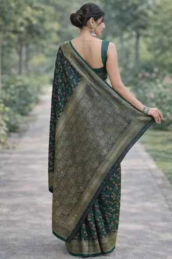 Green silk blend banarasi saree with unstitched blouse piece