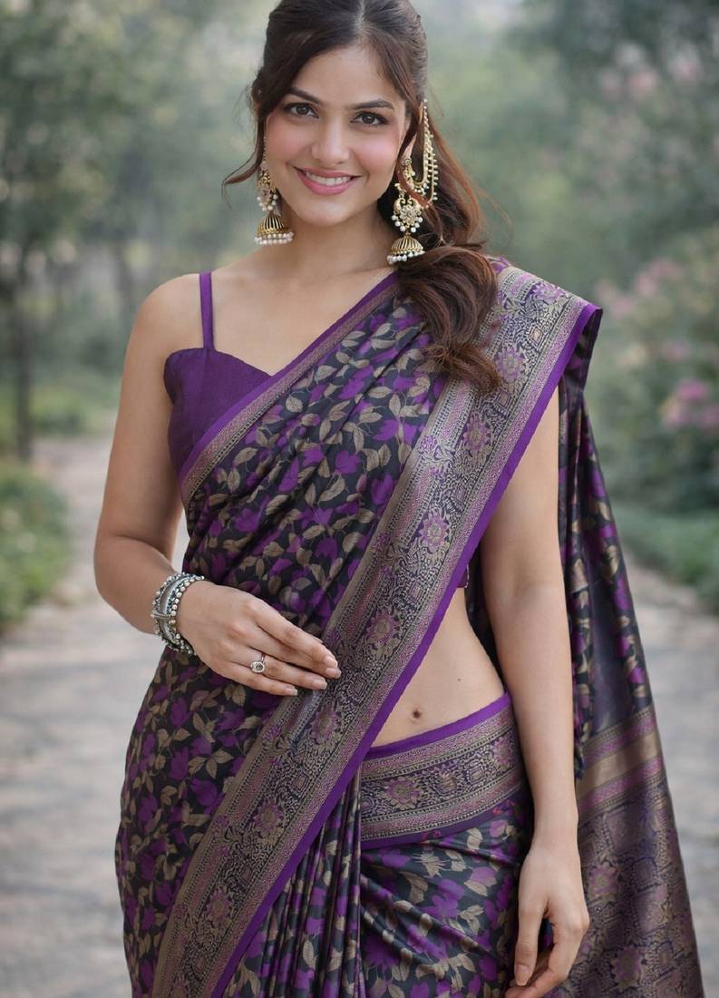 Wine soft silk banarasi jacuard work designer party wear saree with unstitched blouse piece