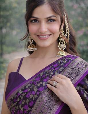 Wine silk blend banarasi saree with unstitched blouse piece 2
