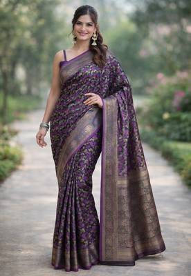 Wine silk blend banarasi saree with unstitched blouse piece 3
