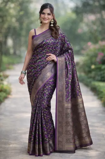 Wine silk blend banarasi saree with unstitched blouse piece