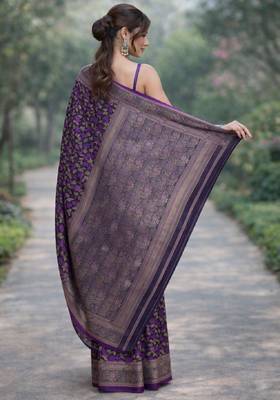 Wine silk blend banarasi saree with unstitched blouse piece 4