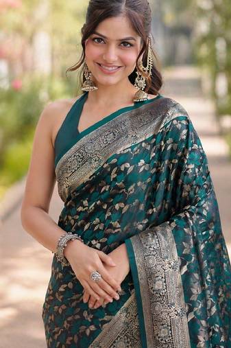 Rama soft silk banarasi jacuard work designer party wear saree with unstitched blouse piece
