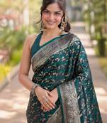 Rama silk blend banarasi saree with unstitched blouse piece