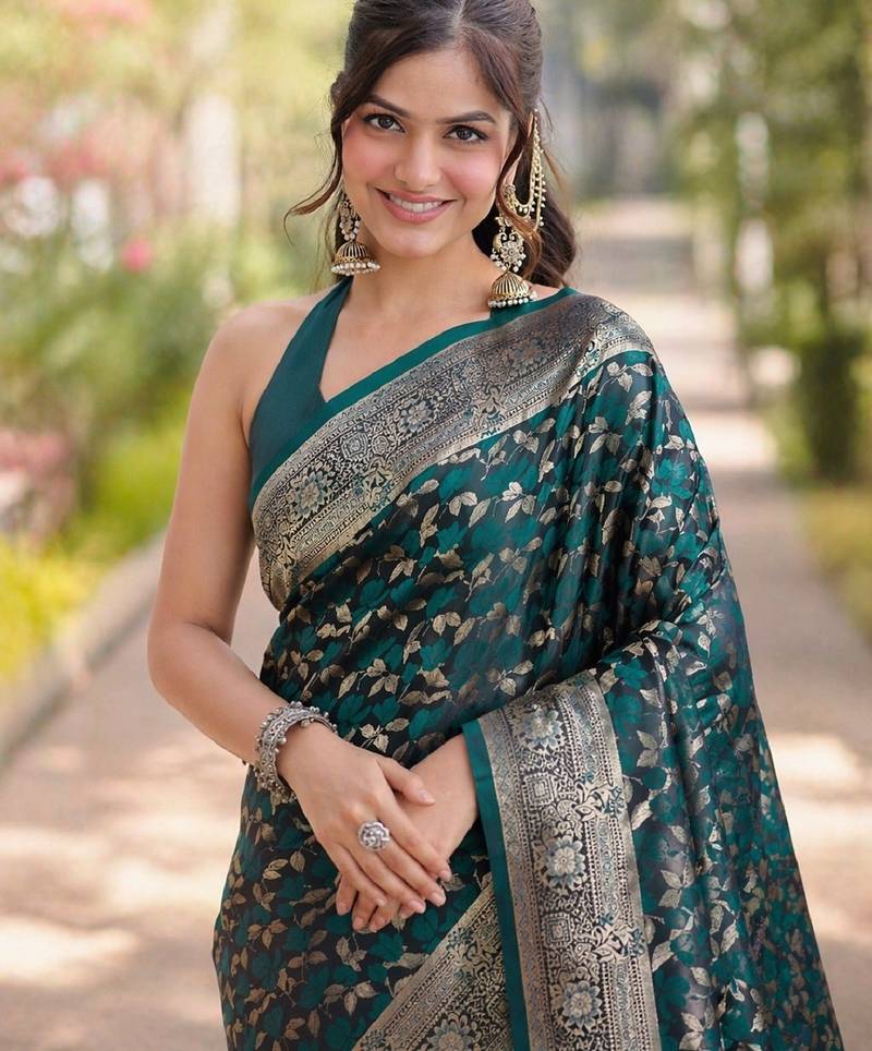 Rama soft silk banarasi jacuard work designer party wear saree with unstitched blouse piece