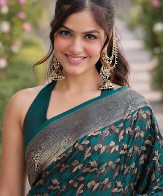 Rama silk blend banarasi saree with unstitched blouse piece 2
