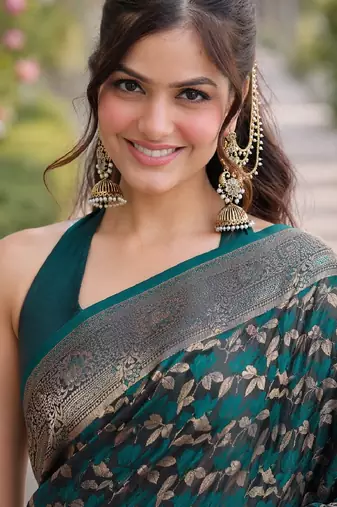 Rama silk blend banarasi saree with unstitched blouse piece