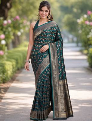 Rama silk blend banarasi saree with unstitched blouse piece 3