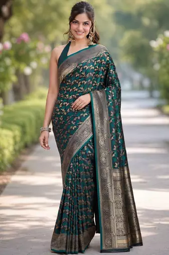 Rama silk blend banarasi saree with unstitched blouse piece