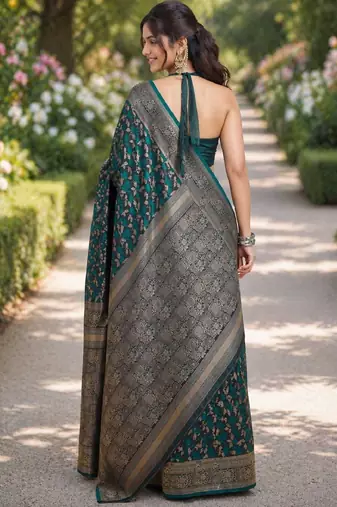 Rama silk blend banarasi saree with unstitched blouse piece
