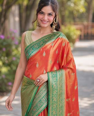 Orange silk blend banarasi saree with unstitched blouse piece 1
