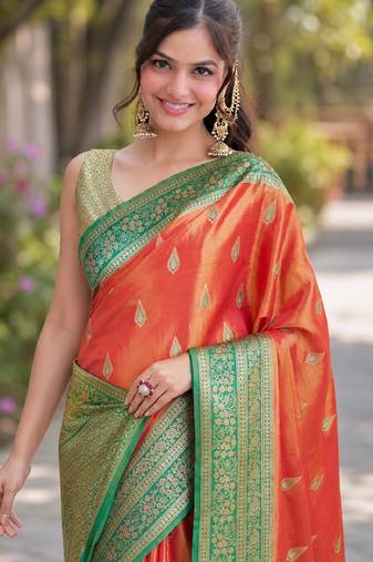 Orange soft silk banarasi jacuard work designer party wear saree with unstitched blouse piece