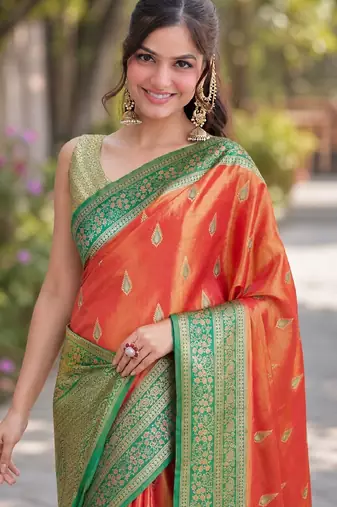 Orange soft silk banarasi jacuard work designer party wear saree with unstitched blouse piece