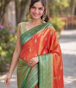 Orange silk blend banarasi saree with unstitched blouse piece