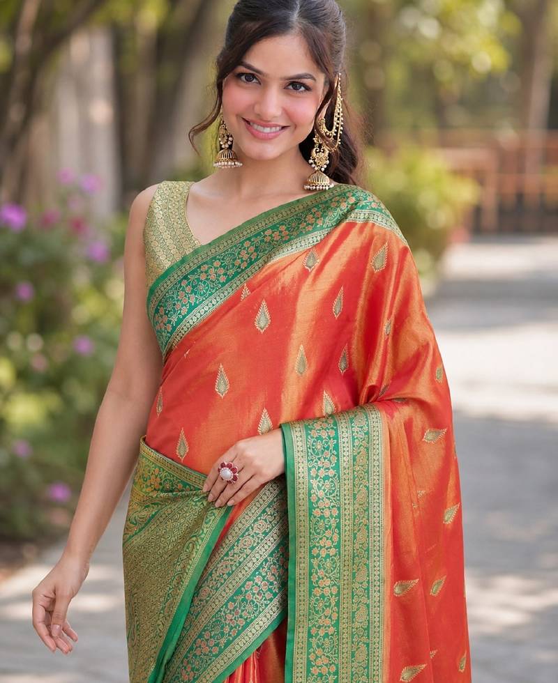 Orange soft silk banarasi jacuard work designer party wear saree with unstitched blouse piece