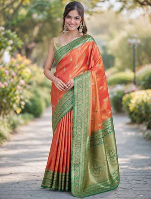Orange silk blend banarasi saree with unstitched blouse piece 2