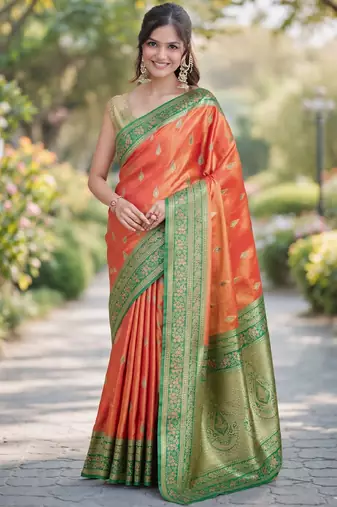 Orange silk blend banarasi saree with unstitched blouse piece