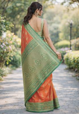 Orange silk blend banarasi saree with unstitched blouse piece 3