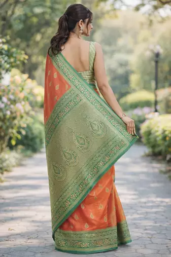 Orange silk blend banarasi saree with unstitched blouse piece