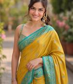 Yellow silk blend banarasi saree with unstitched blouse piece