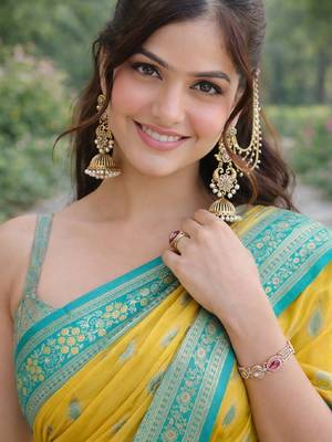 Yellow silk blend banarasi saree with unstitched blouse piece 2