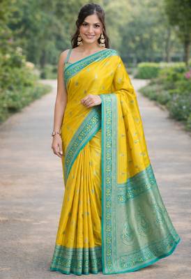 Yellow silk blend banarasi saree with unstitched blouse piece 3