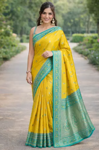 Yellow silk blend banarasi saree with unstitched blouse piece