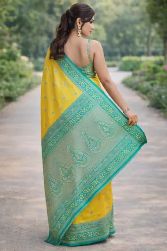 Yellow silk blend banarasi saree with unstitched blouse piece