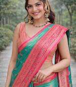 Rama silk blend banarasi saree with unstitched blouse piece