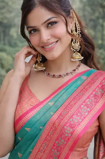 Rama silk blend banarasi saree with unstitched blouse piece
