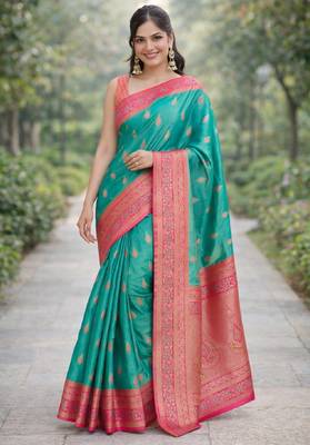 Rama silk blend banarasi saree with unstitched blouse piece 3