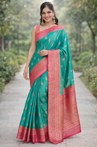 Rama silk blend banarasi saree with unstitched blouse piece