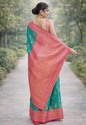 Rama silk blend banarasi saree with unstitched blouse piece 4