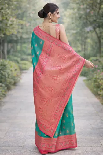 Rama silk blend banarasi saree with unstitched blouse piece