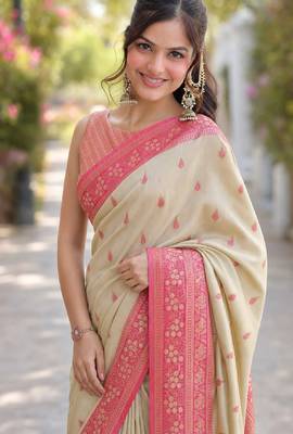 Cream silk blend banarasi saree with unstitched blouse piece 1