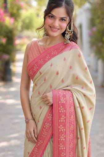Cream soft silk banarasi jacuard work designer party wear saree with unstitched blouse piece