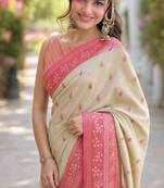 Cream silk blend banarasi saree with unstitched blouse piece