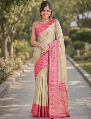 Cream silk blend banarasi saree with unstitched blouse piece 3