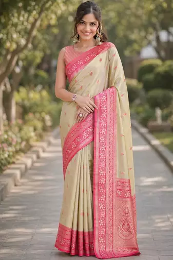 Cream silk blend banarasi saree with unstitched blouse piece