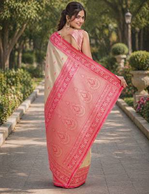 Cream silk blend banarasi saree with unstitched blouse piece 4