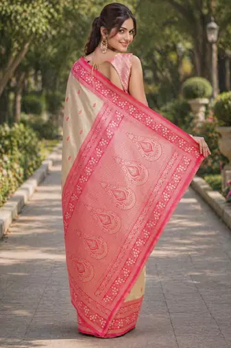 Cream silk blend banarasi saree with unstitched blouse piece