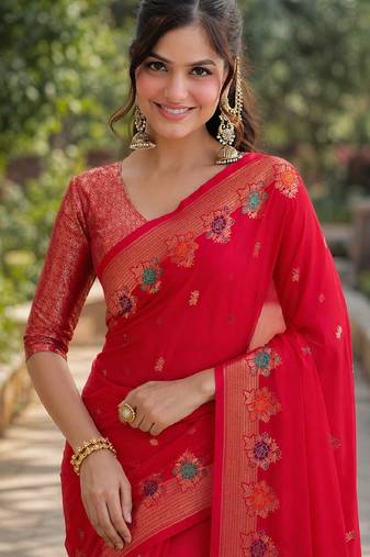 Pink soft silk banarasi jacuard work designer party wear saree with unstitched blouse piece